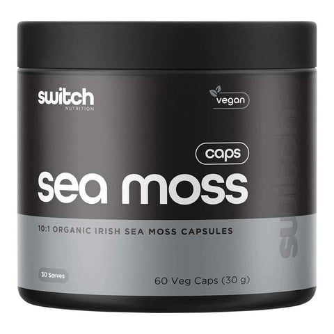 Container of Switch Nutrition Organic Irish Sea Moss capsules on a white background. 60 veg caps, 30 serves.