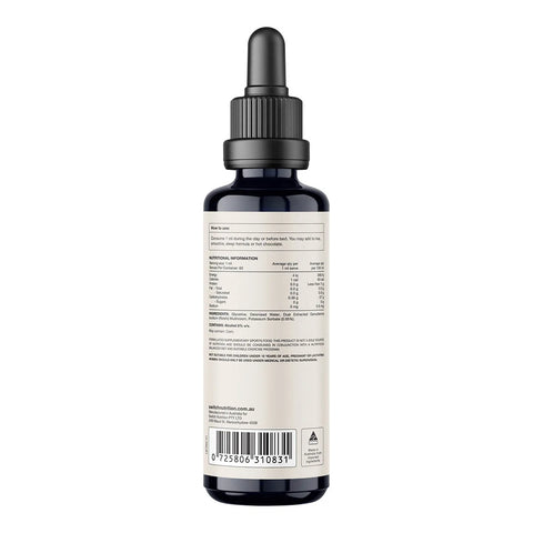 Back of reishi dropper bottle showing nutrition information, instructions for use and more product details.