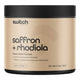 Supplement container labeled 'switch nutrition saffron + rhodiola' on a beige label.