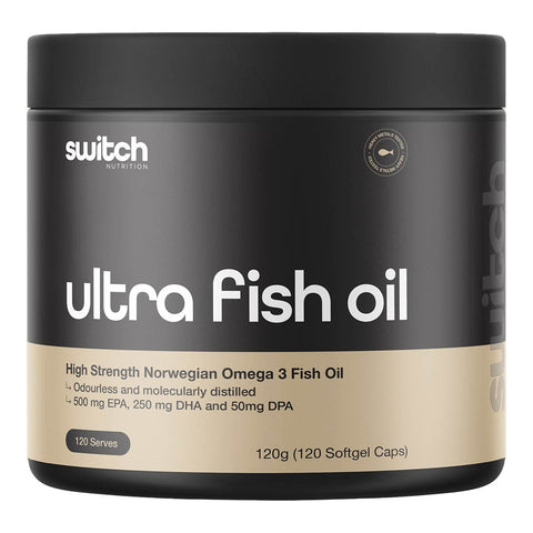 Container of Switch Nutrition Ultra Fish Oil 120 softgel capsules on a white background.