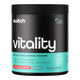 Black 150g container of Switch Nutrition vitality greens powder on a white background. Strawberry kiwi flavour. Supports gut health & digestion. 