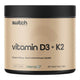 Container of Switch Nutrition vitamin D3 + K2 supplement with a beige label on a white background.