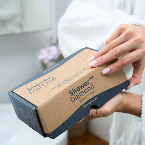 Tappwater ShowerPro Diamond Filter box. Removes impurities from water to protect skin and hair.