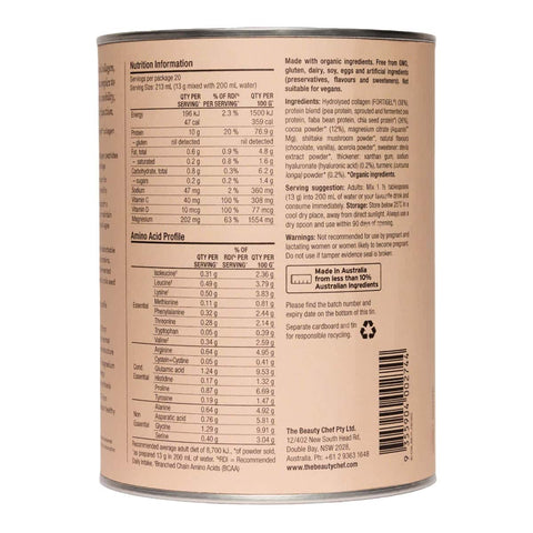 Back of body collagen container with nutrition information. Made with organic ingredients. 