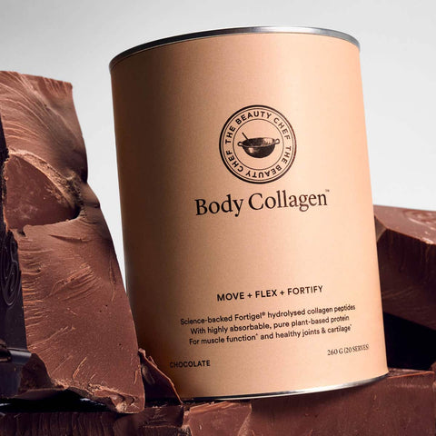 Body Collagen container with chocolate pieces on a light grey background.