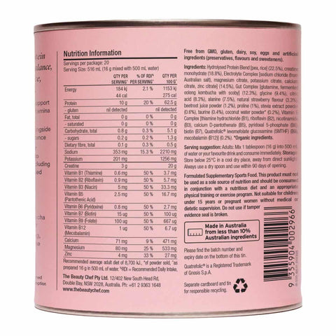 Pink 320g canister of ‘Body Electric’ by The Beauty Chef, featuring a nutrition information label.