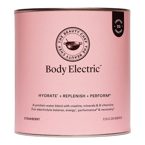 Pink canister of Body Electric 320g by The Beauty Chef.