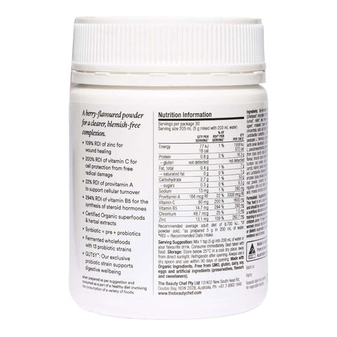 Back nutritional label of The Beauty Chef Clear Skin 150g.