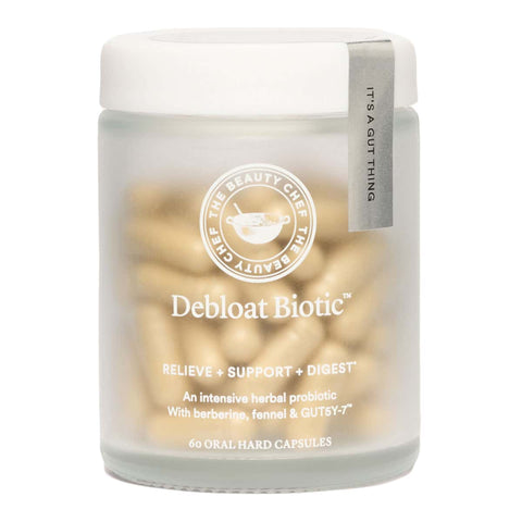 Jar of Debloat Biotic by The Beauty Chef 60 capsules with visible text.