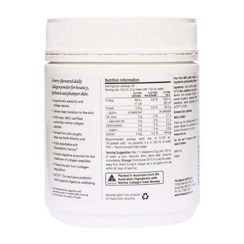 Back of berry collagen powder container with nutrition label on a white background