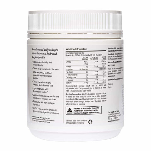 Back label of unflavoured collagen powder container with nutritional information on a white background