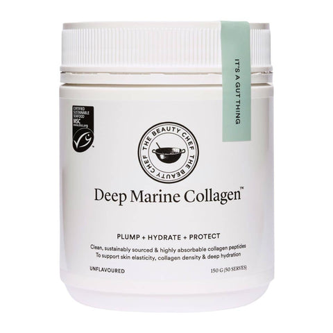 Container of The Beauty Chef Deep Marine Collagen with branding and product details on a white background.