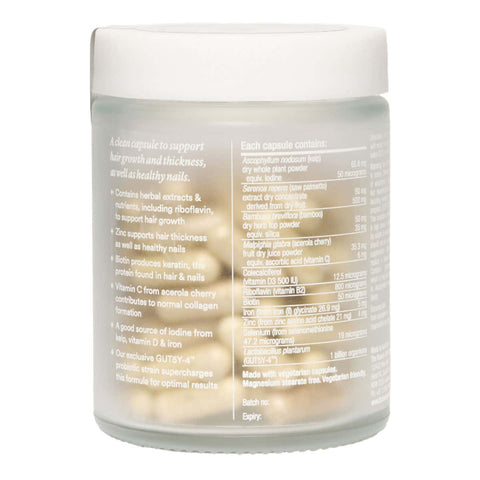 Jar of The Beauty Chef Hair Biotic 60 capsules with nutritional information.