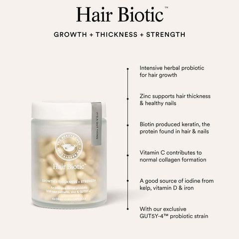 The Beauty Chef Hair Biotic supplement container with text on benefits.