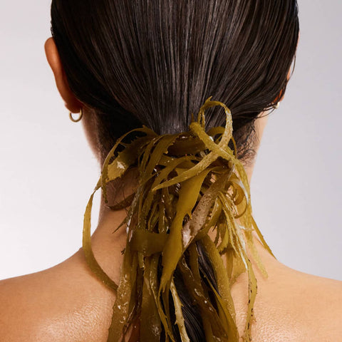 Person with seaweed in their hair against a plain background.