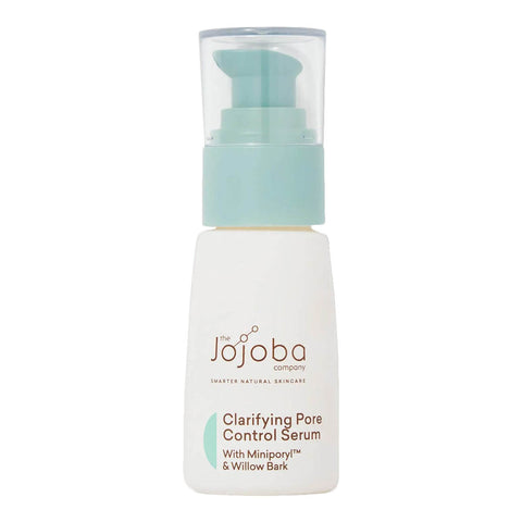 Skincare serum bottle with a white label and light blue pump on a white background