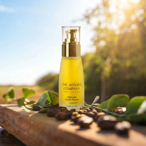 Skincare bottle labeled 'The Jojoba Company Ultimate Youth Potion' on a wooden surface with natural background