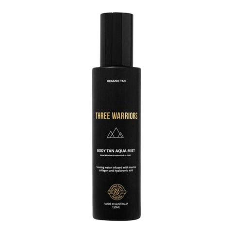 Black bottle of Three Warriors Body Tan Aqua Mist on a white background