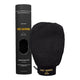 Three Warriors Exfoliating Glove with glove pictured next to packaging on a white background.