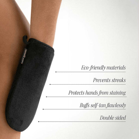 Three Warriors Eco-Friendly Tanning Mit infographic - prevents streaks, protects hands from staining, double-sided. 