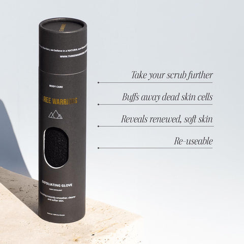Three Warriors Exfoliating Glove infographic - buffs away dead skin cells, reveals renewed soft skin.