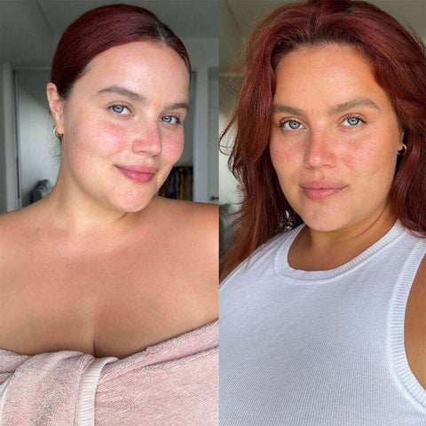 Side-by-side comparison of a woman with and without tan.