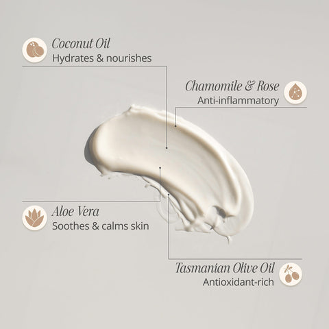Infographic of three warriors gradual tan swatch on a grey background. Chamomile & rose. Tasmanian Olive oil. Aloe vera & coconut oil.