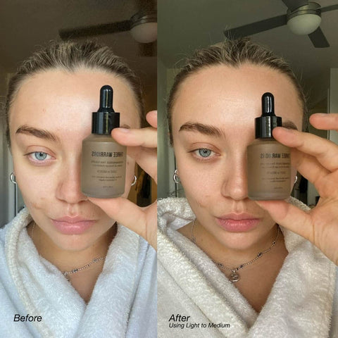 Before and after comparison of a person holding tan drops next to their face. Light natural tan.