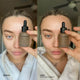 Before and after comparison of a person holding tan drops next to their face. Light natural tan.