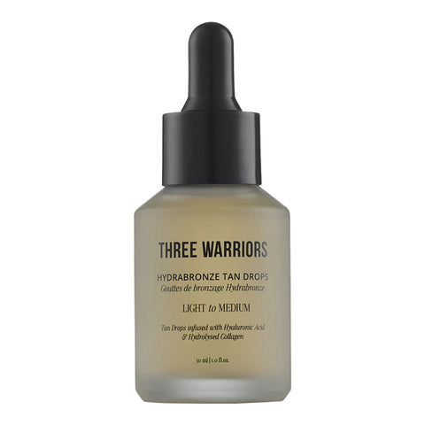 Bottle of Three Warriors Hydrabronze Tan Drops on a white background