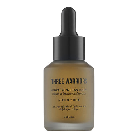 Three Warriors tan drop bottle on a white background