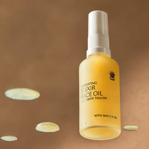 Yellow face oil bottle with droplets on a brown background.