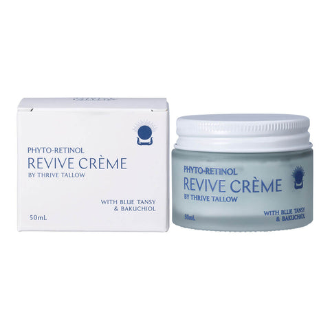 Jar and box of Phyto-Retinol Revive Creme by Thrive Tallow on a white background.