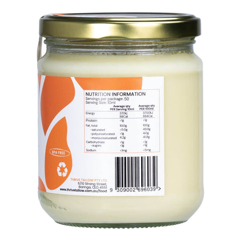 Back view of a jar with a nutrition label and barcode on a white background.