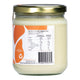 Back view of a jar with a nutrition label and barcode on a white background.