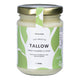 Jar of tallow with a green and white label on a white background.