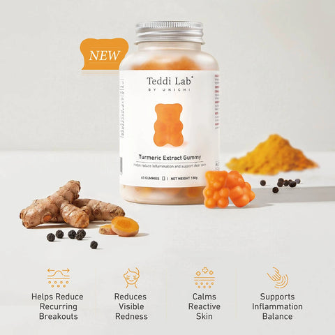 Teddi Lab Turmeric Extract Gummy supplement with turmeric root, gummy bears, and black pepper on a light gray background.