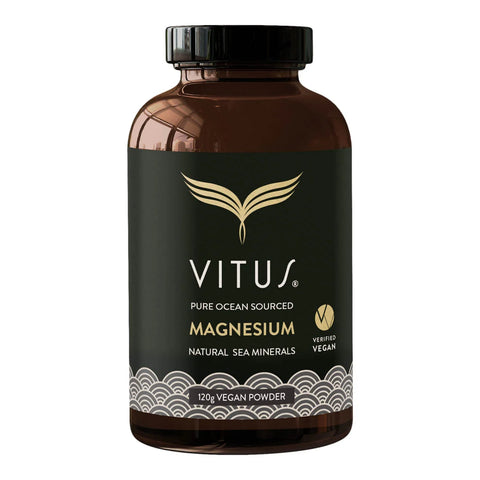 VITUS magnesium supplement bottle on a white background. 120g vegan powder.