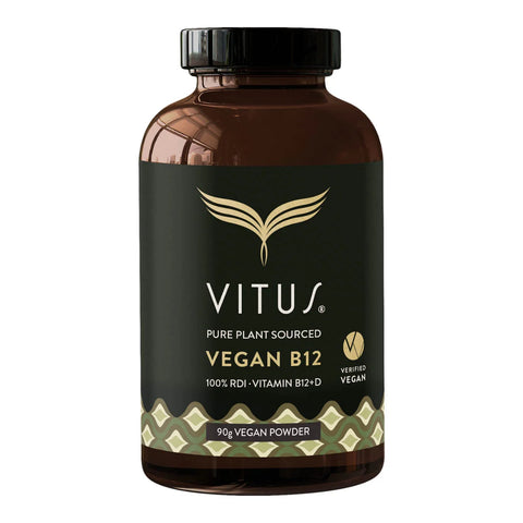 VITUS Vegan B12 powder 90g in a brown recyclable supplement bottle.