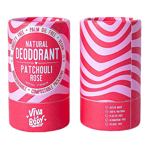 Natural deodorant stick - front & back of packaging. Red & pink biodegradable & compostable. 