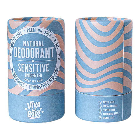 Viva La Body natural deodorant packaging with wavy design on a white background