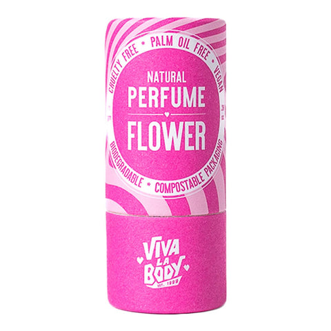 Front of Viva La Body Natural Perfume Flower in pink cardboard tube. 