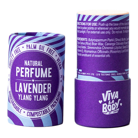 Purple and blue natural perfume stick with 'Viva La Body' branding on a white background.