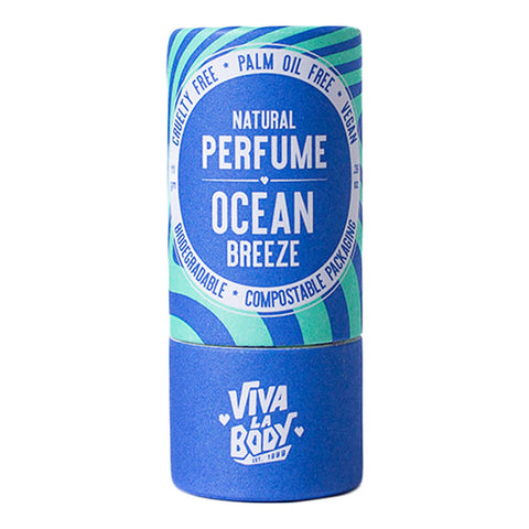 Blue cylindrical container of 'Ocean Breeze' natural perfume by Viva La Body on a white background.