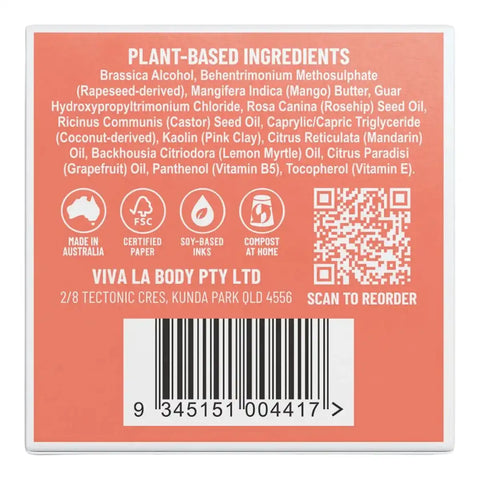 The back of a Viva La Body product box showing plant-based ingredients, icons for made in Australia, FSC certified paper, soy-based inks, and compost at home, with a barcode.