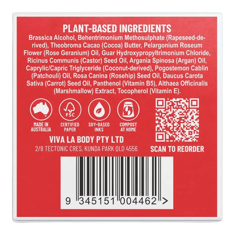 The back of Viva La Body plant-based solid conditioner showing a red panel with ingredients, icons, a QR code, and a barcode.