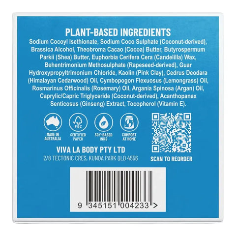 The back of a Viva La Body solid shampoo box showing a blue panel with plant-based ingredients text, certification icons, a QR code, and a barcode.