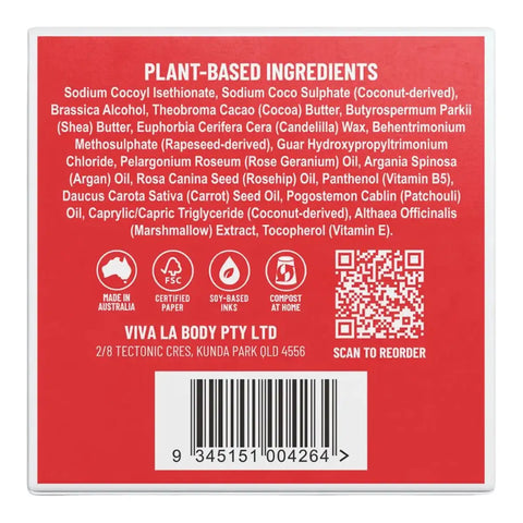 The back of a Viva La Body product box, featuring a bright red background with white text listing plant-based ingredients, certification icons, a QR code, and a barcode.