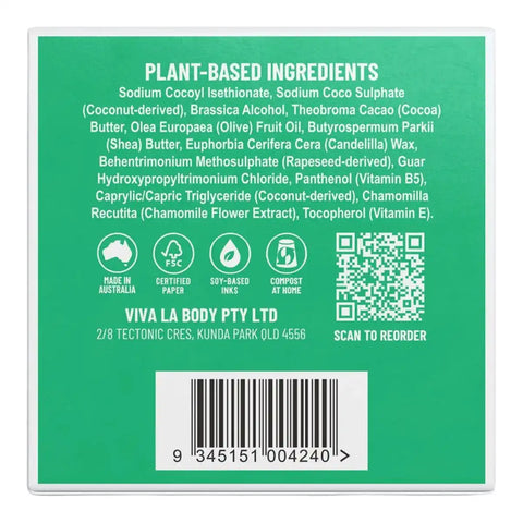 The back of a Viva La Body product box or packaging insert, featuring a bright green background with white text listing plant-based ingredients, certification icons, a QR code, and a barcode.