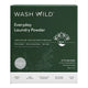 Wash Wild Everyday Laundry Powder box in a dark green color with white text and botanical illustrations, on a white background.